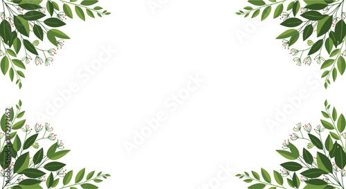 Simple and elegant background with green leafy branches and small flowers in the corners leaving ample blank central copy space.