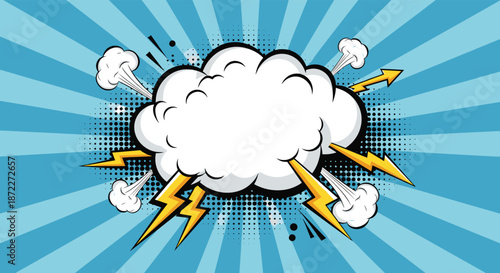 Energetic comic book thought cloud with lightning bolts and smoke on a dynamic blue sunburst background for powerful ideas.