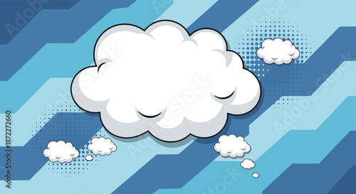 Large comic book style thought cloud with smaller bubbles on a modern blue geometric background with halftone dot effects.
