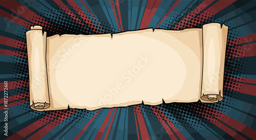 Vintage blank paper scroll for a historic message or announcement on a retro pop art background with radial lines and halftones.