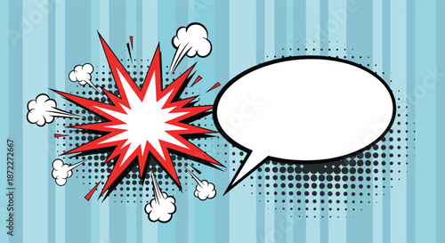 Dynamic comic book scene with a red explosion bubble and a separate oval speech bubble on a striped blue background design.