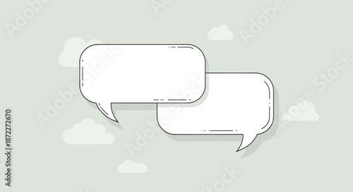 Two minimalist speech bubbles with a simple line art style floating among clouds in a light green sky for a calm conversation.