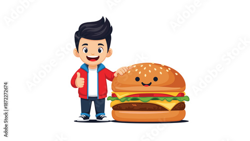 Cheerful cartoon boy character giving a thumbs up next to a giant happy cheeseburger for fast food restaurant and children meal promo.