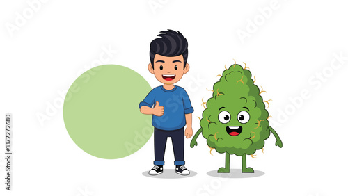 Smiling cartoon boy giving a thumbs up next to a friendly green cannabis bud character for medical marijuana and herbal wellness design.