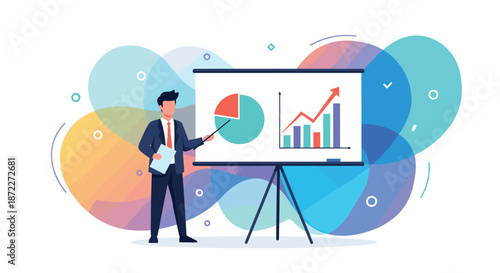 Businessman giving a presentation with charts and graphs on a whiteboard against a colorful abstract background for a business report.