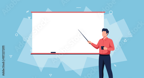 Male presenter or teacher with a pointer and mug standing next to a blank white screen ready for a business presentation or lecture.