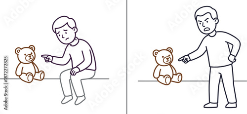 Childhood emotions illustrated, sad child sitting and angry adult pointing at teddy bear, parenting discipline concept, emotional behavior comparison, simple line art illustration design