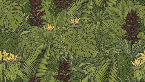 Lush tropical jungle foliage background seamless pattern with detailed exotic leaves palm fronds and bird of paradise flowers
