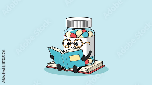 Intelligent pill bottle character wearing round glasses and reading a book as a concept for pharmacy education and medical knowledge art.