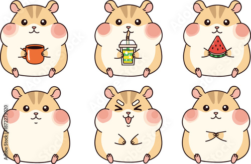 Cute hamster character set with eating drinking emotions sitting poses cartoon pet animal mascot vector illustration