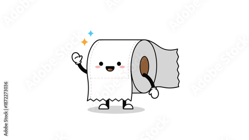 Adorable white toilet paper roll character with a smiley face waving its hand on a white background for hygiene and household products.