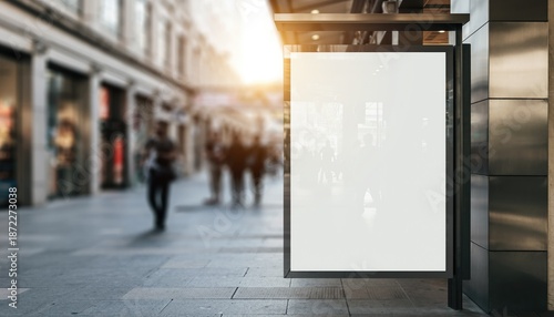 Blank Outdoor Advertising Space in Urban Shopping District at Dusk