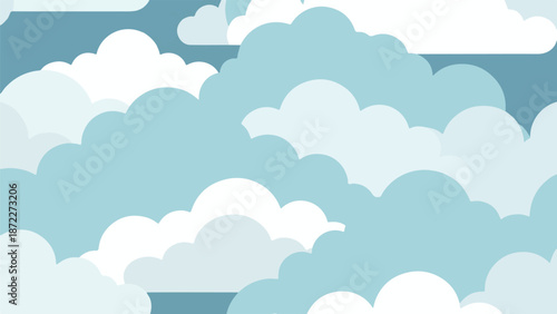 Seamless pattern of soft fluffy clouds in sky blue and white, beautiful airy sky background, minimalist flat design