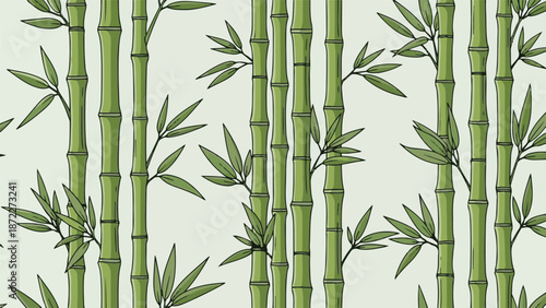 Hand drawn bamboo forest pattern, green stalks and leaves, natural asian jungle, seamless botanical illustration