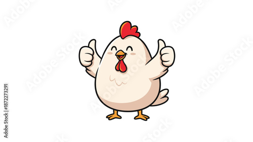 Happy white chicken cartoon character mascot giving double thumbs up with a big smile on its face on a white background.