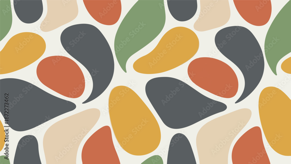Fototapeta premium Retro organic abstract background with fluid shapes in earth tones of green orange yellow and gray on cream base
