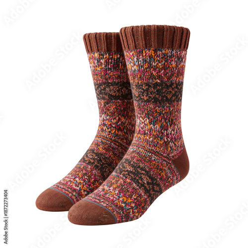 Knitted Socks With a Colorful Pattern Placed on a Flat Surface in Indoor Light