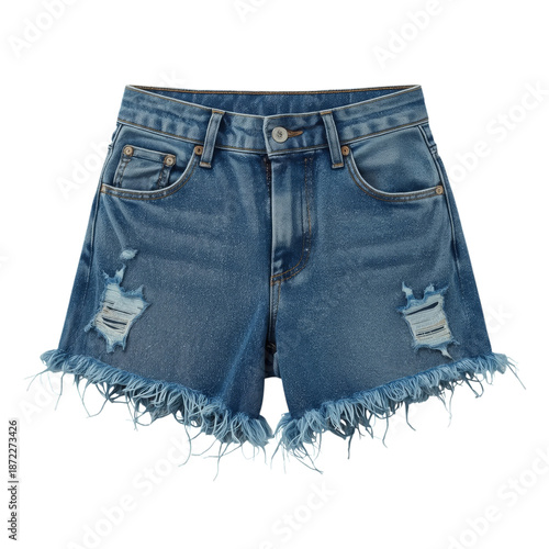 Denim Shorts With Frayed Edges and Distressed Details Shown on a White Backgr...