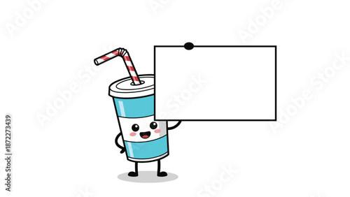 Smiling blue and white soda cup cartoon character with a striped straw holding a blank board for your message on a white background.