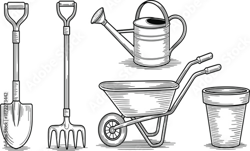 Vintage hand-drawn style illustration set of essential gardening tools featuring a shovel, garden fork, watering can, wheelbarrow, and terracotta pot.