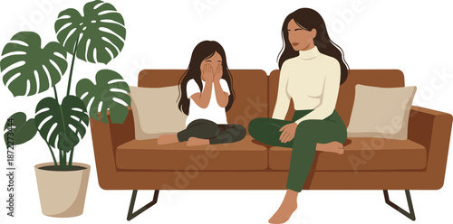 Mother comforting sad daughter on sofa at home, family emotional support concept, mental health awareness, parenting care, cozy living room illustration design