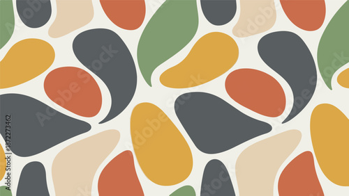 Retro organic abstract background with fluid shapes in earth tones of green orange yellow and gray on cream base