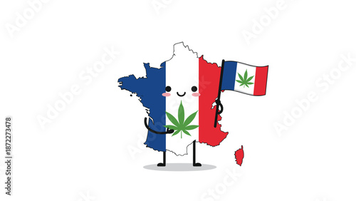France map cartoon character wearing the national flag colors and holding a flag with a marijuana leaf symbol on a white background.