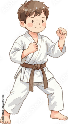 Cute cartoon boy practicing karate, kids martial arts illustration, child self defense training, traditional uniform, playful fighting pose, childhood sports concept, flat design