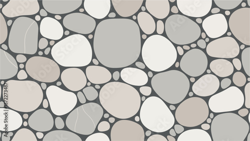 Pebble stone mosaic background with various sizes of smooth gray and beige rounded shapes on dark gray grout line