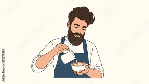 Professional bearded barista in an apron skillfully pouring steamed milk into a white cup to create latte art on a plain background.