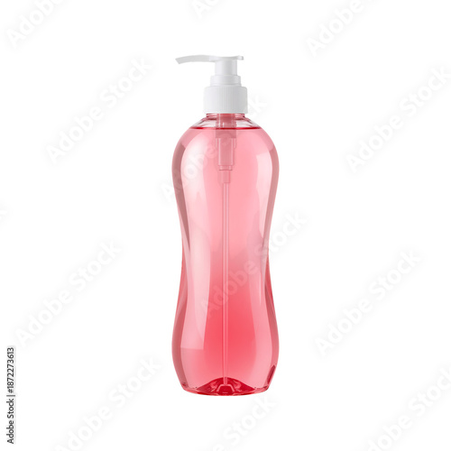 Clear Bottle With Pink Liquid and Pump Top on White Background