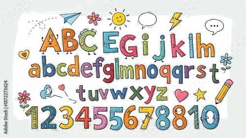Fun colorful cartoon alphabet uppercase and lowercase letters numbers with funny faces perfect for children education and learning