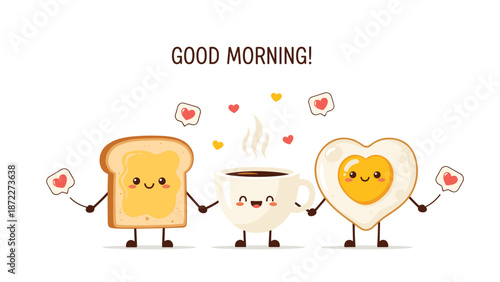 Group of friendly breakfast cartoon characters including toast, coffee, and a heart-shaped fried egg holding hands with heart icons.
