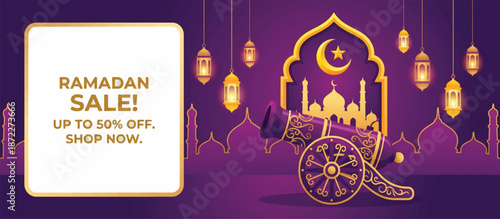 Ramadan Sale Promotion Banner with Cannon and Up to 50 Percent Off Discount