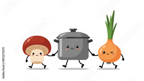 Trio of cute kitchen and cooking cartoon characters featuring a mushroom, a cooking pot, and an onion holding hands and walking together.