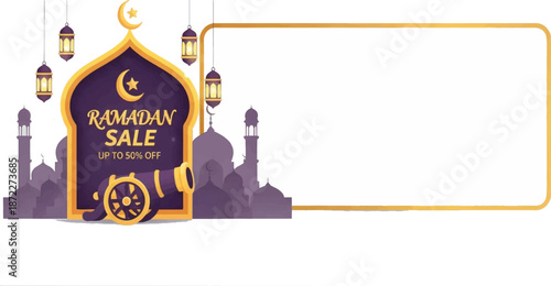 Ramadan Sale Promotion Banner with Cannon and Up to 50 Percent Off Discount