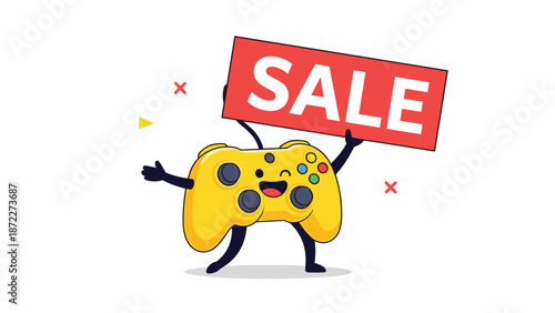 Excited yellow game controller cartoon character holding a red sale sign banner to promote gaming discounts and deals.