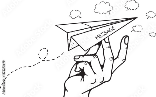 Hand drawn illustration of paper airplane marked message being held by hand symbolizing fast communication delivery and mailing