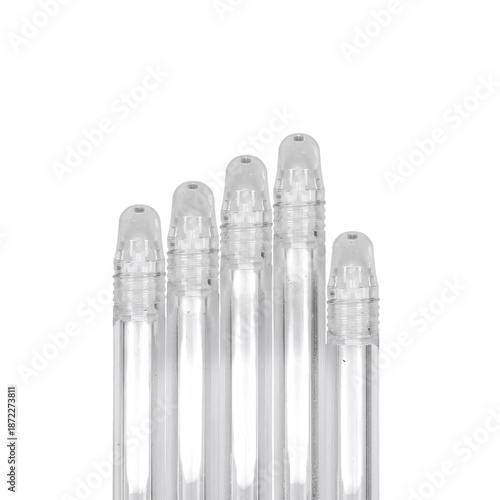 Clear Test Tubes Arranged in a Row on a White Background Showcasing Laborator...