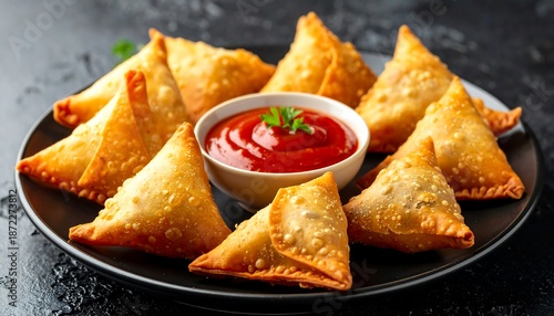 Golden Samosas with Spicy Tomato Dip - A Delicious Indian Appetizer.