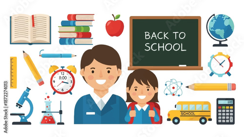 Back to school supplies and objects collage teacher and student happy classroom chalkboard globe