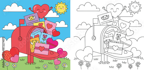 Valentine's Day Mailbox with Hearts and Love Letters Coloring Page for Kids, Cute Cartoon Illustration of a Postbox Full of Cards and Teddy Bears in a Sunny Outdoor Landscape