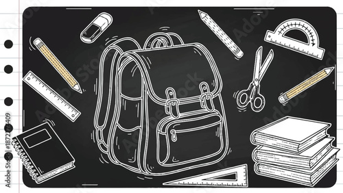 Chalkboard background with hand drawn school backpack and stationery supplies sketch illustration vector graphics