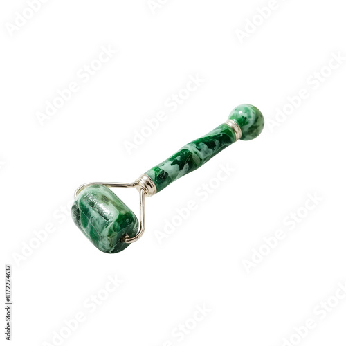 Green Jade Roller on a White Background With Natural Texture for Skincare Rou...