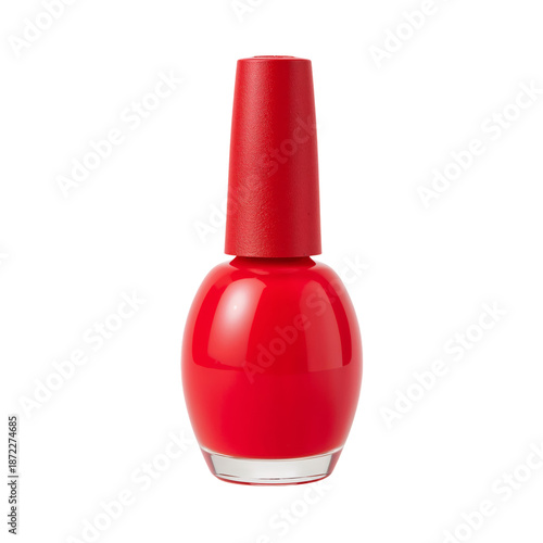 Bright Red Nail Polish Bottle on a Plain Background for Nail Art and Beauty A...