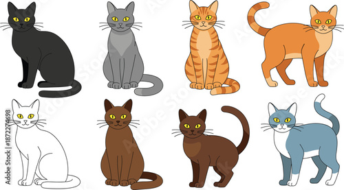 Set of eight colorful cartoon cats in standing and sitting poses including ginger tabby, calico, and grey breeds, adorable pet animal vector illustration.