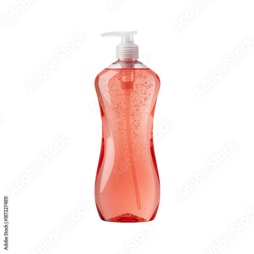 Clear Bottle With Pink Liquid and Pump Top on White Background