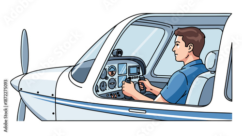 Man behind controls of small private airplane, focused and determined, vector