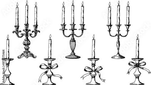 Collection of elegant candelabras and candle holders with lit candles, hand-drawn illustration