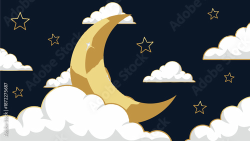 Golden Crescent Moon Among Clouds and Stars